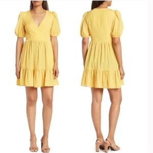 ELIZA J Sz 10 Surplice V-Neck Puff Sleeve Fit & Flare Tiered Dress Yellow